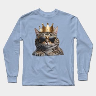 Cute Tabby Cat Wearing a Crown, Cat wearing Glasses Long Sleeve T-Shirt